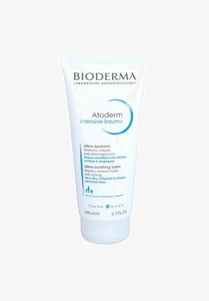 Bioderma Atoderm Intensive Baume in einer weißen Tube mit blauen Akzenten, die einen ultra-lindernden Balsam für sehr trockene, empfindliche Haut bewirbt. 200 ml.