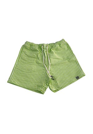 Pantaloncini a righe verticali verdi e bianchi con vita elastica e coulisse bianche su sfondo bianco.