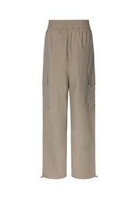 Beige cargo bukser med elastisk talje, to sidelommer og justerbare manchetter. Fremstillet af letvægtsstof med en glat tekstur.
