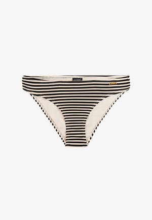 Zwart-beige gestreepte bikinibroek met een lage taille, voorzien van een klein gouden merketiket aan de rechterkant en een "protest" label aan de binnenkant.