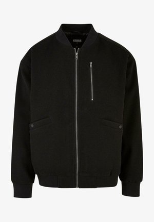 Veste bomber noire avec une fermeture éclair à l'avant, deux poches latérales et des poignets côtelés. Fabriquée en tissu lisse avec un design épuré et minimaliste.
