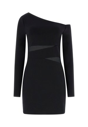 Abito nero con scollo asimmetrico, manica lunga e dettagli trasparenti in vita. Tessuto liscio e silhouette aderente.
