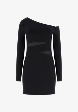 Czarna sukienka z asymetrycznym dekoltem, długim rękawem i przezroczystymi elementami w talii. Gładki materiał i dopasowany krój.