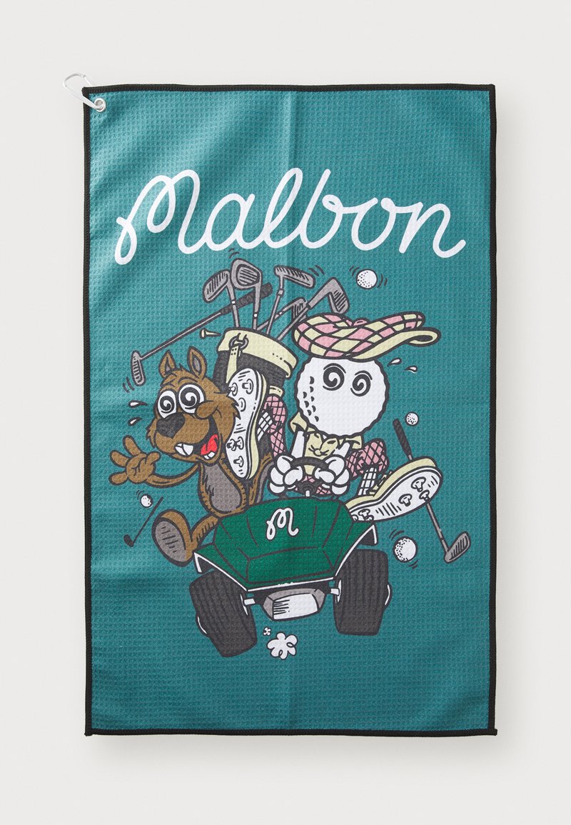 Žalias rankšluostis turi animacinį dizainą su šunimi ir golfiuko personažu, golfo lazdomis bei balta "Malbon" užrašu. Apygula juoda.