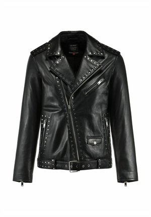 Czarna skórzana kurtka motocyklowa z ćwiekowanymi detalami, asymetrycznym zamkiem błyskawicznym, wieloma kieszeniami na zamek i paskiem w talii.