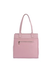 Bolso tote de piel rosa con asas dobles superiores, forma rectangular y un bolsillo delantero con cremallera. Textura suave con detalles de diseño minimalistas.