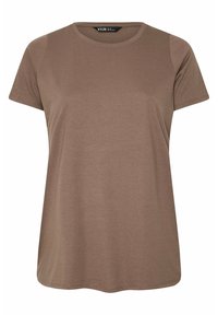 Brun kortærmet t-shirt med rund hals, lavet af blødt stof, med en afslappet pasform og uden synlige mønstre eller detaljer.