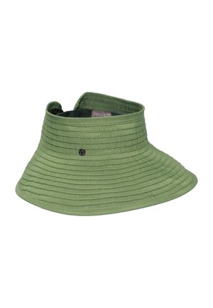Green wide-brim sun visor made of fabric with horizontal stitching and a small round metal logo on the side.