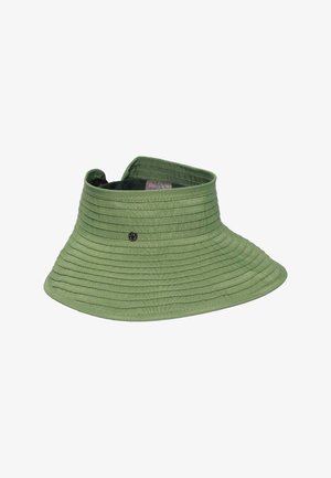 Zelený široký slnečný šilt vyrobený z látky s horizontálnym prešívaním a malým okrúhlym kovovým logom na boku.