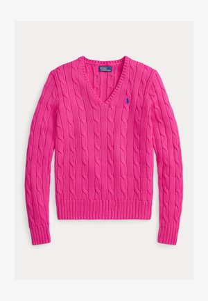 Roosa soonikkoesega kampsun V-kaelusega, soonikkoes randmete ja äärega. Vasakul rinnal väike tikitud logo. Pehme tekstuur.