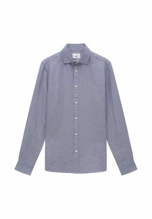 Lys blå langærmet skjorte lavet af linned, med en button-down krave og en frontlås med seks knapper. Glat, tekstureret stof.