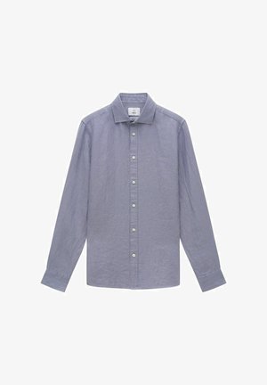 Lichtblauw overhemd met lange mouwen, gemaakt van linnen, met een button-down kraag en een voorkant met een knoopsluiting van zes knopen. Glad, gestructureerde stof.