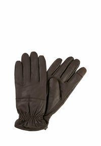 Et par mørkebrune læderhandsker med elastiske håndled, hvor den ene handske ligger med håndfladen opad og den anden med bagsiden opad, på en hvid baggrund.