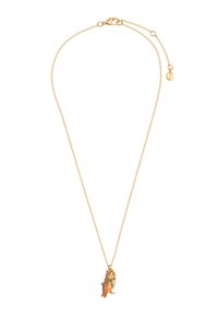 Zelta ķēdes kaklarota ar nelielu pūces piekariņu, kurā dominē brūni un oranži toņi, kā arī zaļas šalles detaļa.