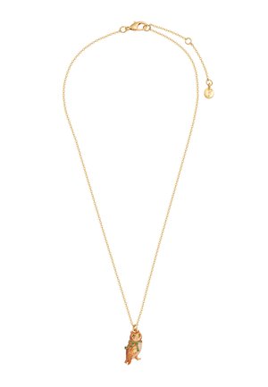 Kultainen kaulaketju, jossa pieni pöllöripustin, jossa on ruskeita ja oransseja sävyjä sekä vihreä huivikoriste.