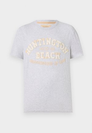 Grijze katoenen T-shirt met ronde halslijn, korte mouwen en vooraanstaande graphics met de tekst "Huntington Beach HCO-22 Brotherhood of Surf" in beige.