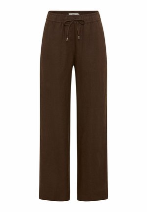 Braune, weit geschnittene Hose mit elastischem Bund und Kordelzug, aus einem weichen, leichten Stoff gefertigt.