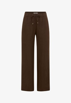 Braune, weit geschnittene Hose mit elastischem Bund und Kordelzug, aus einem weichen, leichten Stoff gefertigt.