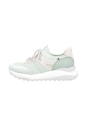 Light green mesh sneaker with a textured design, grey laces, and a white cushioning sole. Features soft mint and beige accents.