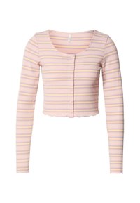 Rosa ribbelte Langarm-Crop-Top mit dünnen lila und gelben Streifen, rundem Ausschnitt und fünf Knopfverschluss vorne mit gewelltem Saum.