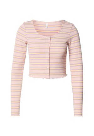 Rosa ribbelte Langarm-Crop-Top mit dünnen lila und gelben Streifen, rundem Ausschnitt und fünf Knopfverschluss vorne mit gewelltem Saum.