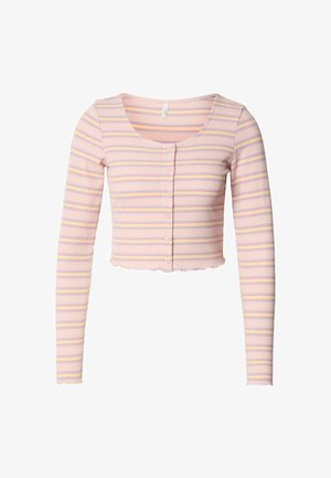 Lyserød ribbet langærmet cropped top med tynde lilla og gule striber, rund halsudskæring og fem knaplukning foran med bølget kant.