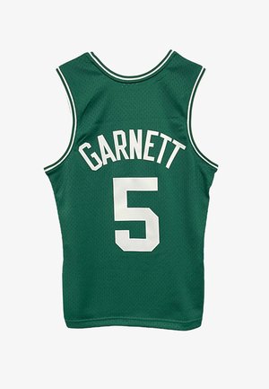 Green basketball jersey with white trim, name "Garnett" above number 5 on the back.
