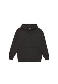 Black hooded sweatshirt made of soft fabric. Features a front pouch pocket, ribbed cuffs, and drawstrings at the hood. Minimal branding.