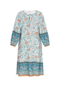 Kukkaprinttinen mekko vaaleansinisellä pohjalla, jossa on oransseja ja teal-värisiä yksityiskohtia. Mekossa on pitkät hihat, solmittava kaula-aukko ja monimutkaiset reunakoristeet.