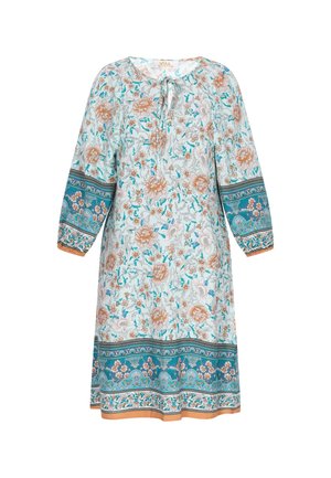 Floral print dress in light blue with orange and teal accents. Features long sleeves, a tie neckline, and intricate border designs.