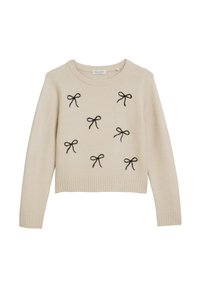 Maglione beige realizzato in morbido materiale a maglia, con fiocchi neri ricamati sulla parte anteriore, scollo e orlo a coste e maniche lunghe.