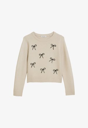 Beiger Pullover aus weichem Strickmaterial mit schwarzen, auf der Vorderseite bestickten Schleifen, geripptem Ausschnitt und Saum sowie langen Ärmeln.