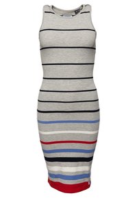 Sleevettömässä, vartalonmyötäisessä neulemekossa on vaakasuoria raitoja mustana, sinisenä, valkoisena ja punaisena vaaleanharmaalla taustalla.