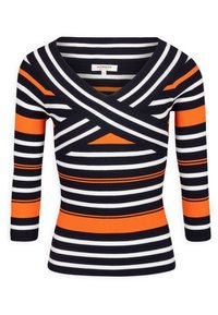 Maglione a maglia con profondo scollo a V, maniche 3/4 e una combinazione di righe orizzontali blu navy, bianche e arancioni con texture a coste.