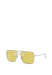 Occhiali da sole Ray-Ban con lenti gialle, montatura in metallo e forma rettangolare. Include tempie sottili e un marchio discreto sulla lente.