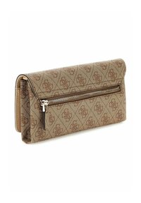 Portefeuille marron à motifs, doté d'une section zippée avec un extérieur en tissu texturé et des accents en cuir lisse. Design plié avec un profil plat.