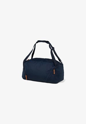 Marineblaues Duffel-Bag aus strapazierfähigem Material mit zwei verstellbaren Trägern, ausgestattet mit einer Reißverschlusstasche und Lederakzenten für Details.