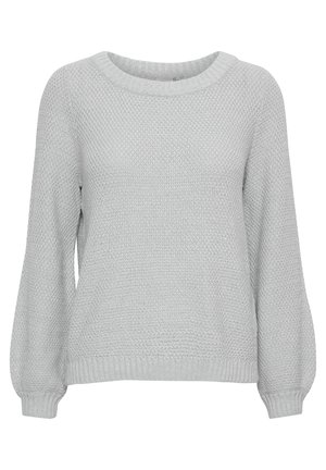 Harmaa neulepaita, jossa on teksturoitu neulos, pyöreä pääntie ja pitkät, hieman puffihihat. Ribbaus alfavärillä hihansuissa ja helmassa.