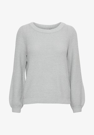 Harmaa neulepaita, jossa on teksturoitu neulos, pyöreä pääntie ja pitkät, hieman puffihihat. Ribbaus alfavärillä hihansuissa ja helmassa.