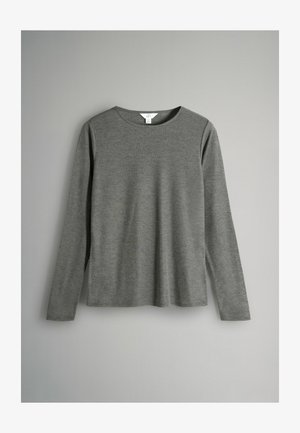 Grijze longsleeve shirt, ronde halslijn, zachte textuur, minimalistisch ontwerp, gemaakt van lichtgewicht stof zonder zichtbare patronen of hardware.