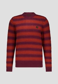 Gebreid coltrui met horizontale strepen in rood en paars. Ribgebreide ronde hals en mouwen met een klein logopatch op de borst.