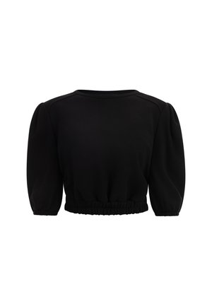 Pulover negru scurt cu mâneci bufante, guler rotund și talie elastică. Confecționat dintr-un material moale cu o textură netedă. Fără modele suplimentare.