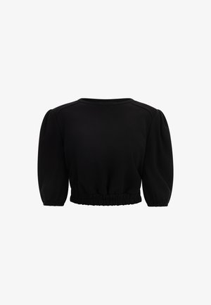 Zwarte cropped sweater met pofmouwen, ronde hals en elastische tailleband. Gemaakt van zacht materiaal met een soepele textuur. Geen extra patronen.