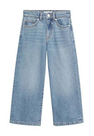 Lyseblå denim bukser med vide ben, fem lommer, bæltestropper og lukning foran med knap og lynlås.