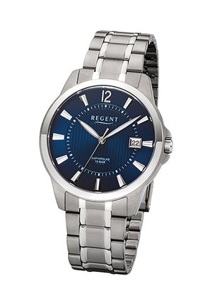 Herren-Edelstahluhr mit blauem Zifferblatt, silbernen Stundenmarkierungen, Datumsanzeige bei 3 Uhr und einem Metallband.