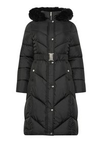 Sort pufjakke med falsk pels på hætten, indsnævret talje og chevronmønster. Har trykknapper og sidelommer for funktionalitet.