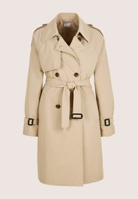 Beige trenchcoat van gladde stof, met dubbele knopenrij, een tailleband en verstelbare manchetten met zwarte accenten.