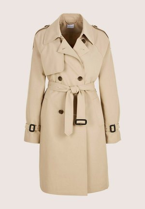 Beige trenchcoat van gladde stof, met dubbele knopenrij, een tailleband en verstelbare manchetten met zwarte accenten.