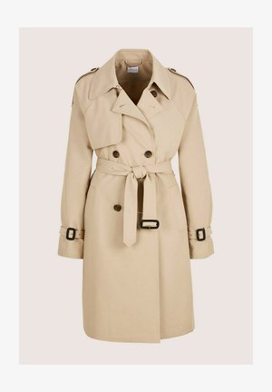 Beige trench coat made of smooth fabric, featuring double-breasted buttons, a belted waist, and adjustable cuffs with black accents.