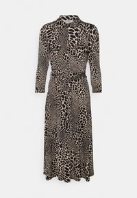 Kleid mit Tierprint in schwarz-beiger Farbgebung, Knopfleiste vorne, Kragen und langen Ärmeln sowie einem taillierten Gürtel.